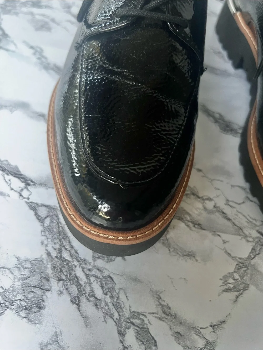 Franco Sarto Charles Black Patent Derby Lug Sole Shoe 11 Preppy Quiet Luxury